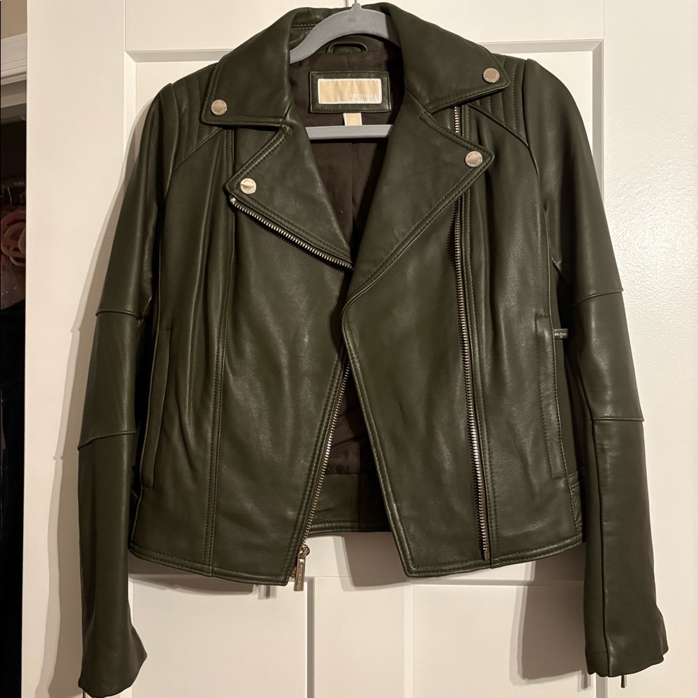 Michael Kors Olive Green Leather Moto Jacket XS